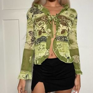 Vintage Y2K Mesh Print Tie Top (XS-M)